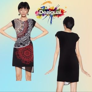 Black Red & White DESIGUAL Mandalas of Babylon Cap Sleeve Layered Dress Sz 36